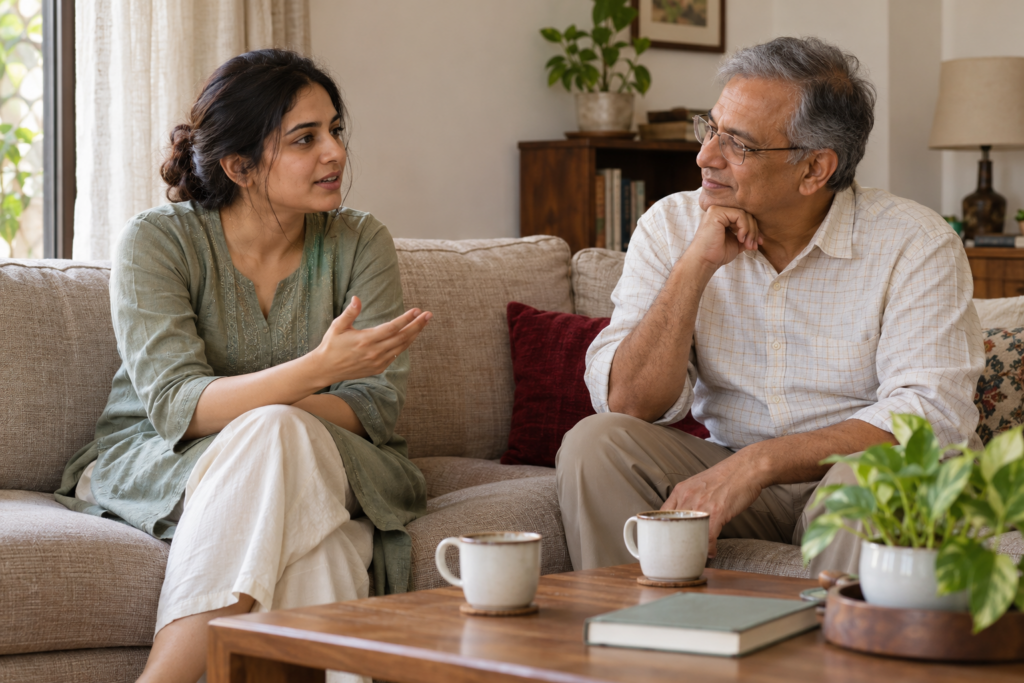 Illustrative photo: an adult and family member in a relaxed conversation. Not a wedding or claimed client outcome.