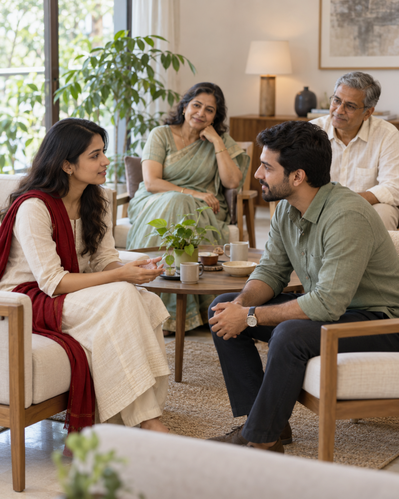 Illustrative photo: two adults in a calm first conversation. Not a real client story.