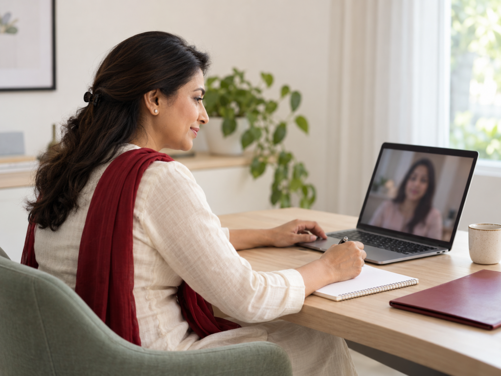 Illustrative photo: an advisor on a professional video call. Does not prove a check has taken place.