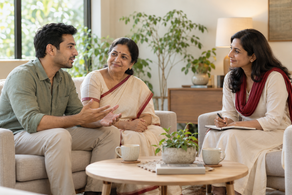 Illustrative photo: an adult and family member speaking with an advisor. Not a wedding or claimed outcome.