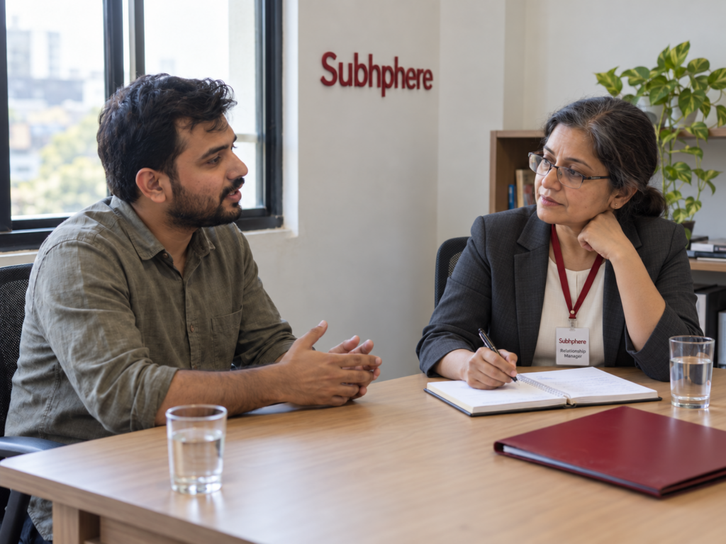 Illustrative photo: an adult speaking with an advisor in a calm consultation setting. Not a real client or staff portrait.